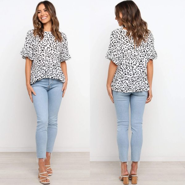 Spring Summer Short Sleeves Leopard Print Loose Shirt Top Women