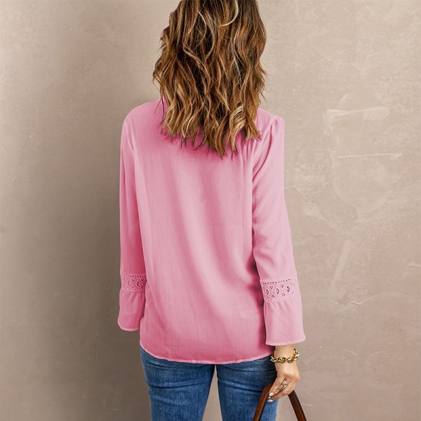 Spring Solid Color V-neck Chiffon Shirt Women Long Sleeve Loose Lace Shirt