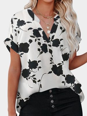 Dark Rose Printed Short Sleeved Shirt Women Summer Polo Collar