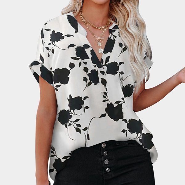 Dark Rose Printed Short Sleeved Shirt Women Summer Polo Collar