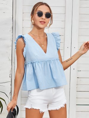 Summer  Lace Lace Patchwork Waist-Slimming V-neck Sleeveless Shirt for Women