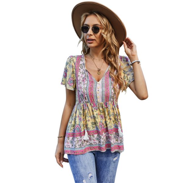 Bohemian Women Wear T-shirt Spring Summer Casual Vacation Babydoll Top