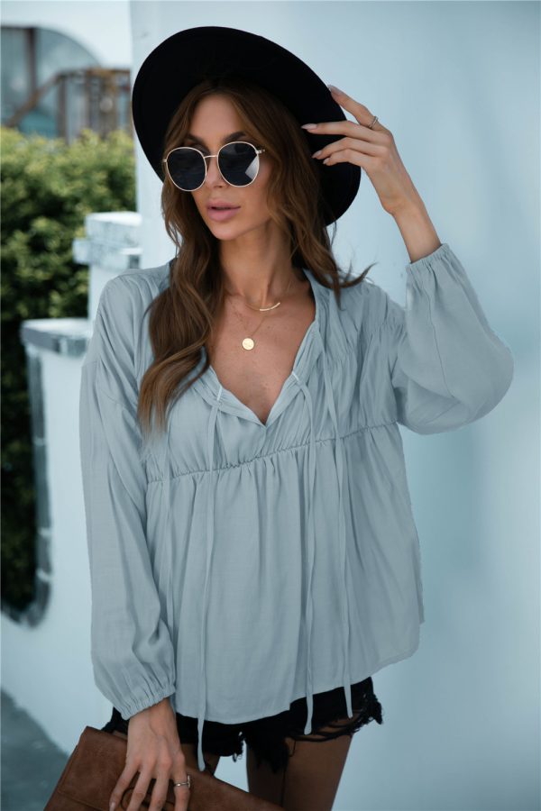 Summer Solid Color V-neck Lace-up Pleated Top