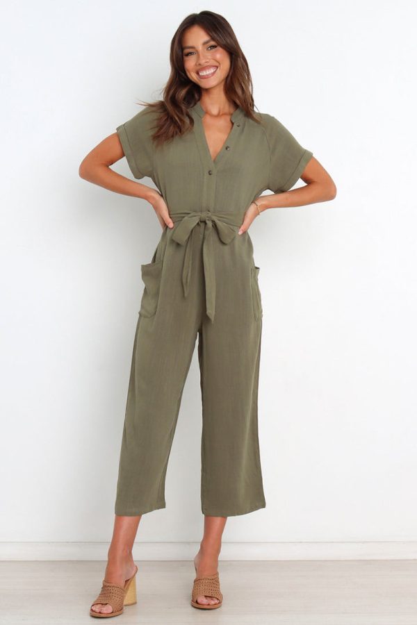 Summer Solid Color Pocket Sexy V Neck Cropped Wide Legged Jumpsuit Women