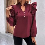 Women Wear Spring Long Sleeved Red Solid Color Shirt Women