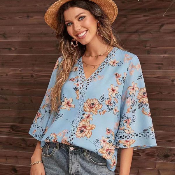 Southeast Asia Summer Loose V neck Office Bell Sleeve Lace Blouse Women Shirt