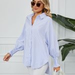 Women Clothing Trade Cuff Pleating Loose Striped Shirt Top