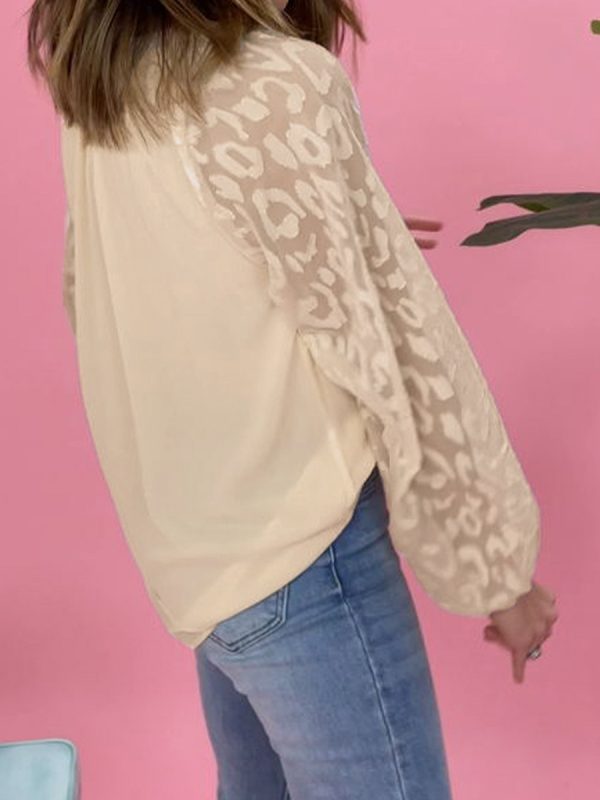 Women Clothing Mesh Puff Sleeve Split Collar Shirt Leopard Print Jacquard Stitching