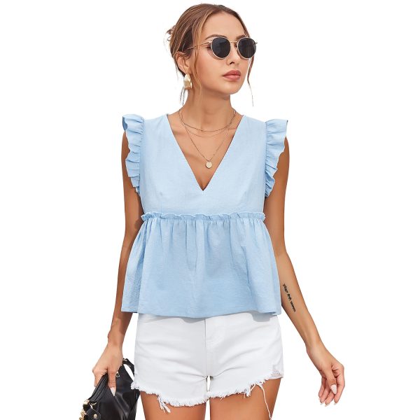 Summer  Lace Lace Patchwork Waist-Slimming V-neck Sleeveless Shirt for Women