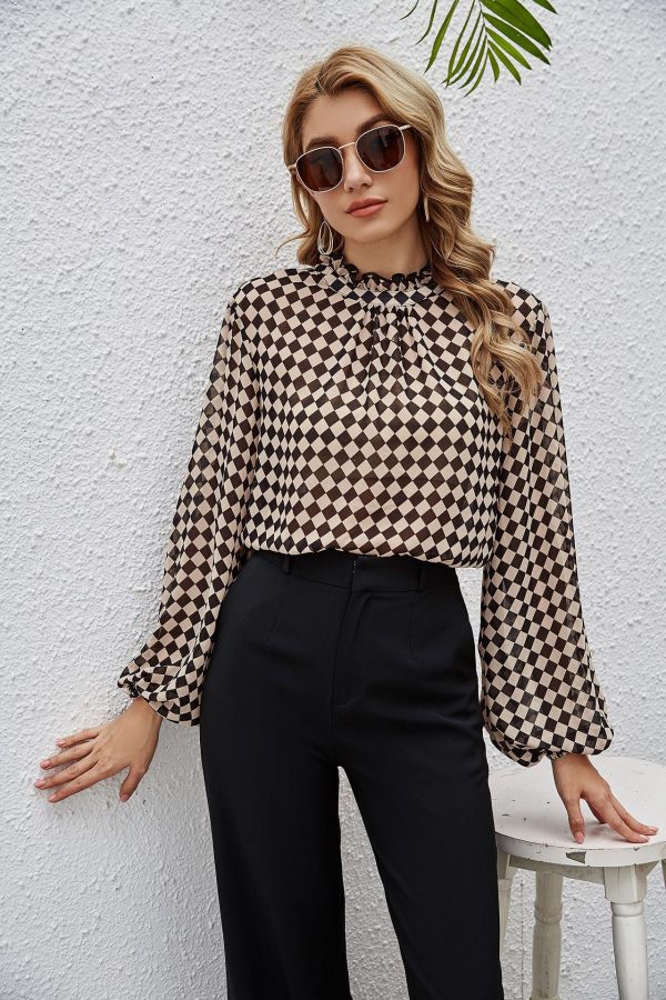 Sleeve Loose Chiffon Women T-shirt Square Plaid Spring Casual Small Shirt