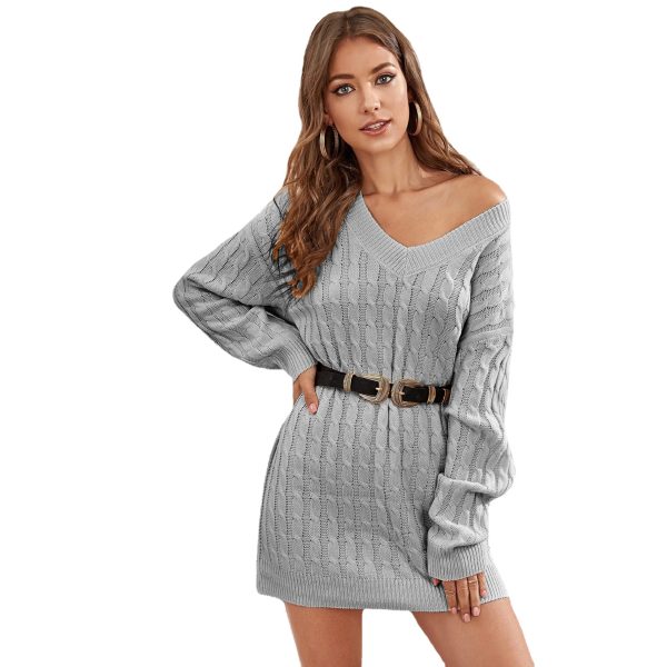 Knitted V-neck French Sexy Dress Twist Solid Color Mid-Length Waist Women Clothing Autumn