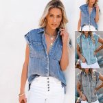 New  Sleeveless Denim Shirt Straight Pocket Loose  Top for Women