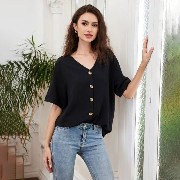 Spring Summer Women Clothing Solid Color Casual Loose V Neck Short Sleeve Shirt