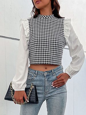 Women Wear Half High Collar Long Sleeves Houndstooth Shirt