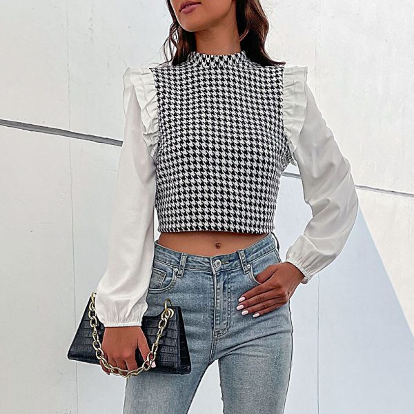 Women Wear Half High Collar Long Sleeves Houndstooth Shirt