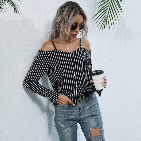 Spring Autumn Long-Sleeved Vertical Striped off-Shoulder Strap Chiffon Shirt for Women