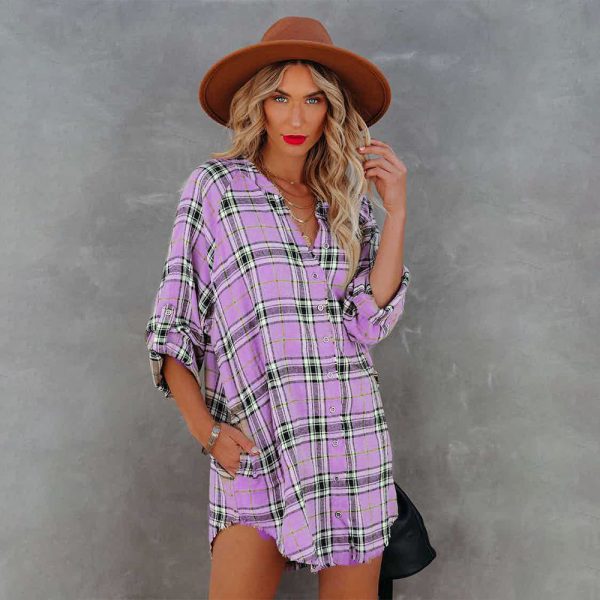 Autumn Plaid Printed V neck Long Sleeve Shirt  Women