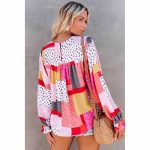 Women Clothing Multi Color Polka Dot Long Sleeve Shirt Chiffon Geometric Abstract Printed Round Neck Shirt