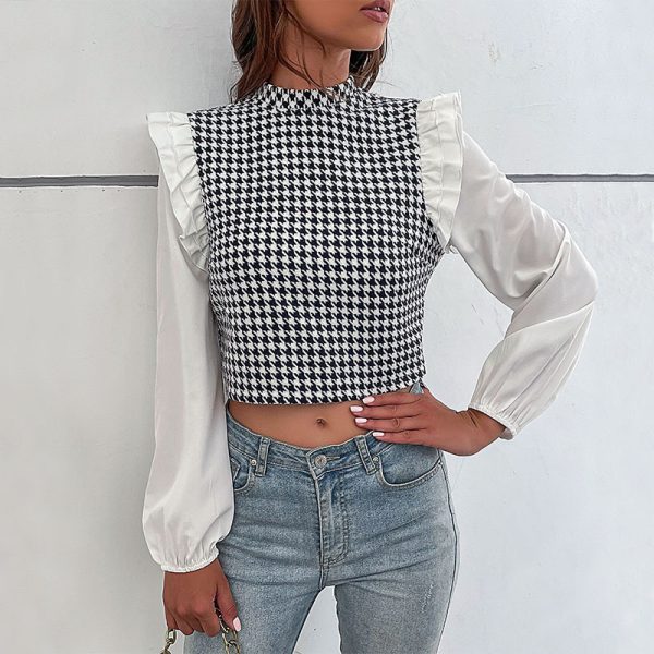 Women Wear Half High Collar Long Sleeves Houndstooth Shirt