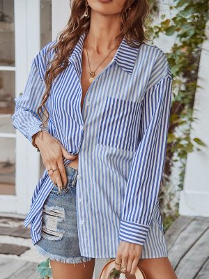 Long Shirt Spring Summer Long Sleeves Striped Top Office