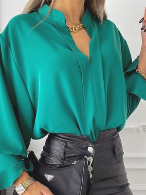 Women Clothes Solid Color Wild Casual Lantern Sleeve Chiffon Shirt Top