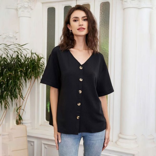 Spring Summer Women Clothing Solid Color Casual Loose V Neck Short Sleeve Shirt