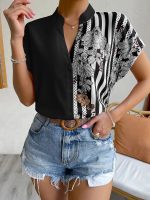 Women Clothing Summer Double Matching Contrast Color Floral Button Cardigan Short Sleeve Shirt Women