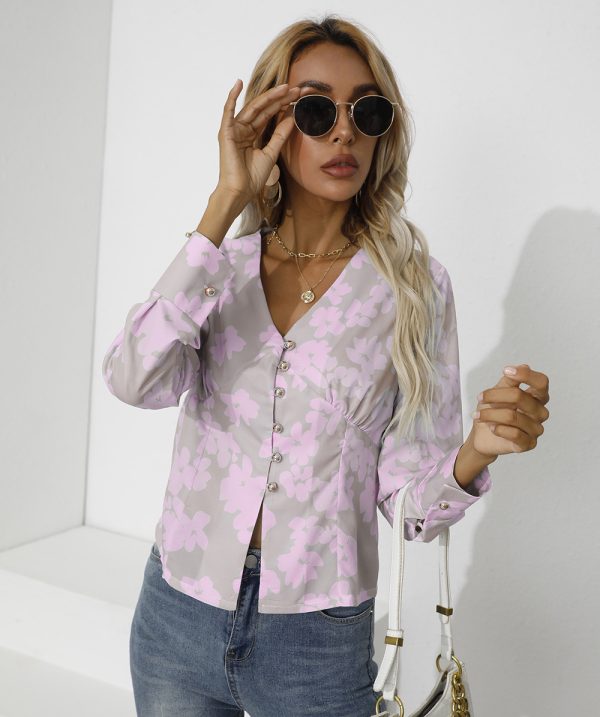 Fall Women Clothing Printing Single-Breasted V-neck Long Sleeve Shirt