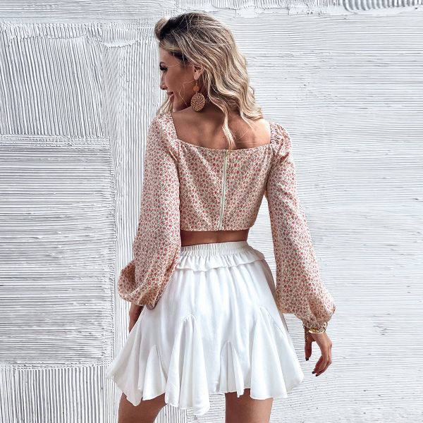 Floral Long Sleeve Square-Neck Bow cropped Chiffon Pink Cropped T-shirt