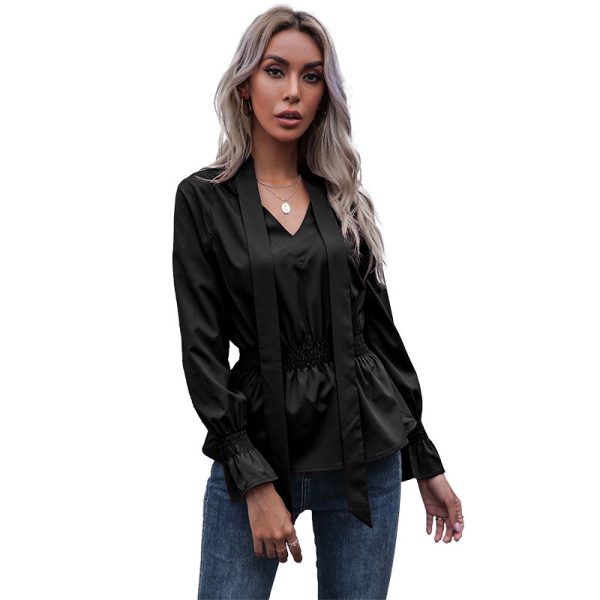 Autumn  Solid Color Scarf Collar Slim Fit Elasticated Waist Speaker Long Sleeve Pullover Shirt Female