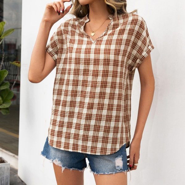 Casual Plaid V Neck Short Sleeve Shirt  Dovetail Plaid Overshirt Women