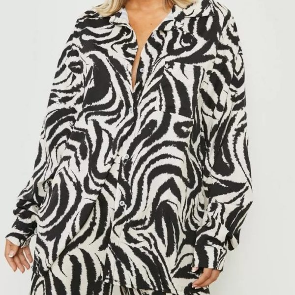 Fall Elegant Urban Printed Shirt Long Sleeve Loose Zebra Print Top for Women