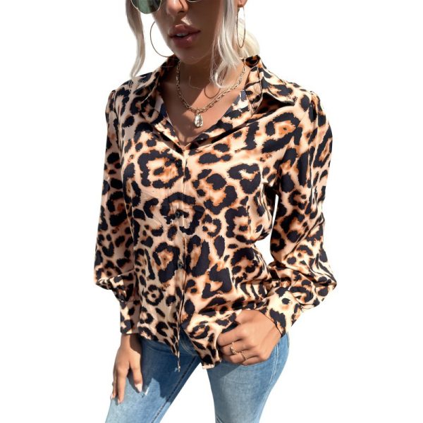 Women Clothing Autumn Long Sleeve Leopard Print Buckle Collared Shirt for Women