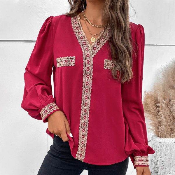 Women Clothing Red Stitching Lace Edge Long Sleeve V neck Shirt Women Top