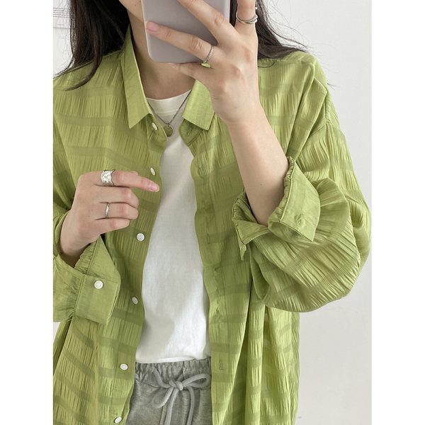 Horizontal Texture Profile Sun Protection Shirt for Women Summer Loose Japanese Retro Shirt