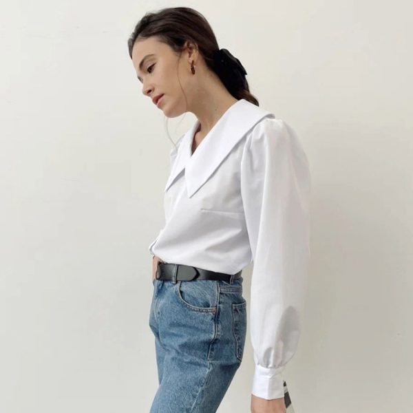 Summer French Office Sailor Collar Casual Long Sleeves Shirt Classic Niche White