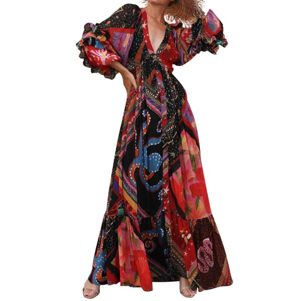 Women Clothing Printed Bohemian Casual V-neck Long-Sleeve Dress Patchwork Macthing