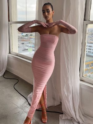 Women Summer Mesh Oversleeve Sexy Bandeau Pleated Maxi Dress Women Opera Glove