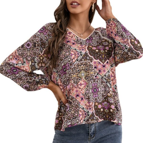 Loose Casual Lace Patchwork Shirt Bohemian V-neck Long-Sleeved Printed Shirt Top for Women