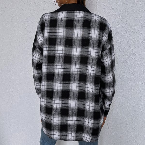 Autumn Winter Black White Plaid Single-Breasted Long Sleeve Shirt Women Collared