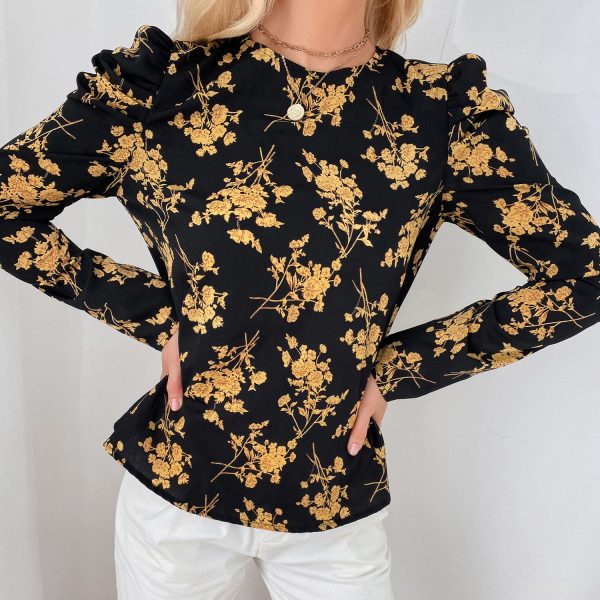 Autumn Winter Elegant Plant Floral Long Sleeve round Neck Top Women