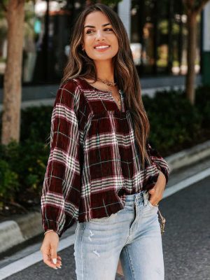 Autumn Women Clothing Plaid Printed Long Sleeve V neck Loose Casual Shirt