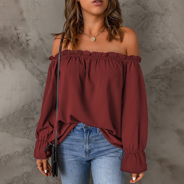 Spring Autumn off Shoulder Sexy off Shoulder Chiffon Shirt Ladies Solid Color Pullover T shirt