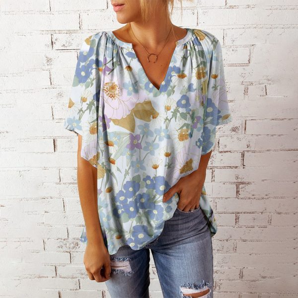 Summer Top Women V neck Printed Short Sleeve Loose Casual Pullover Shirt Women