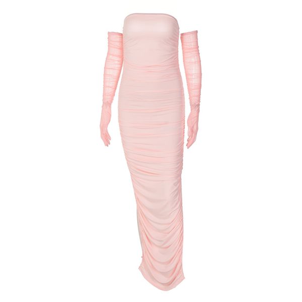 Women Summer Mesh Oversleeve Sexy Bandeau Pleated Maxi Dress Women Opera Glove