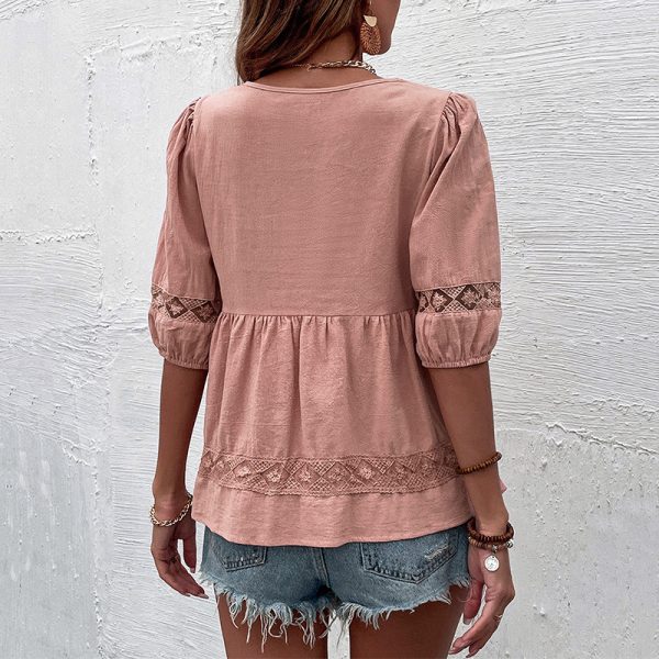 Summer Casual Women Wear Pink Cotton Linen Shirt Women