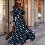 Women  Fashionable Polka Dot Print Suit Collar Large Swing Dress