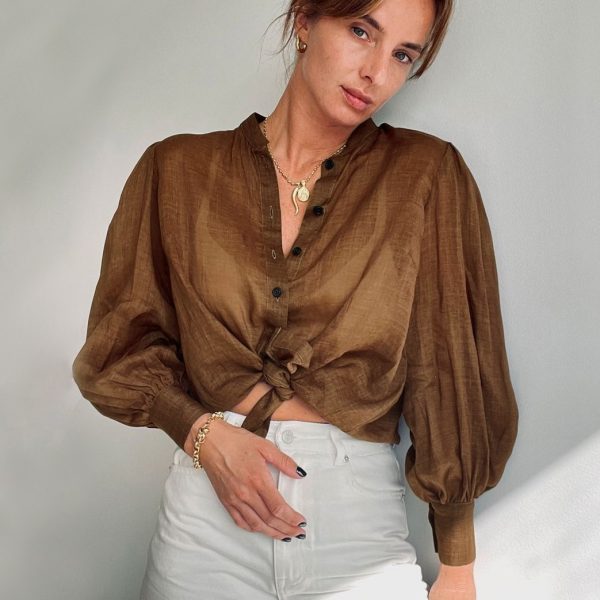 Spring Summer Women Clothing  Solid Color Puff Sleeve Loose Casual Top Shirt