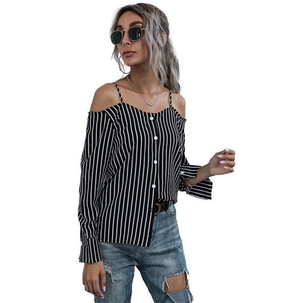 Spring Autumn Long-Sleeved Vertical Striped off-Shoulder Strap Chiffon Shirt for Women