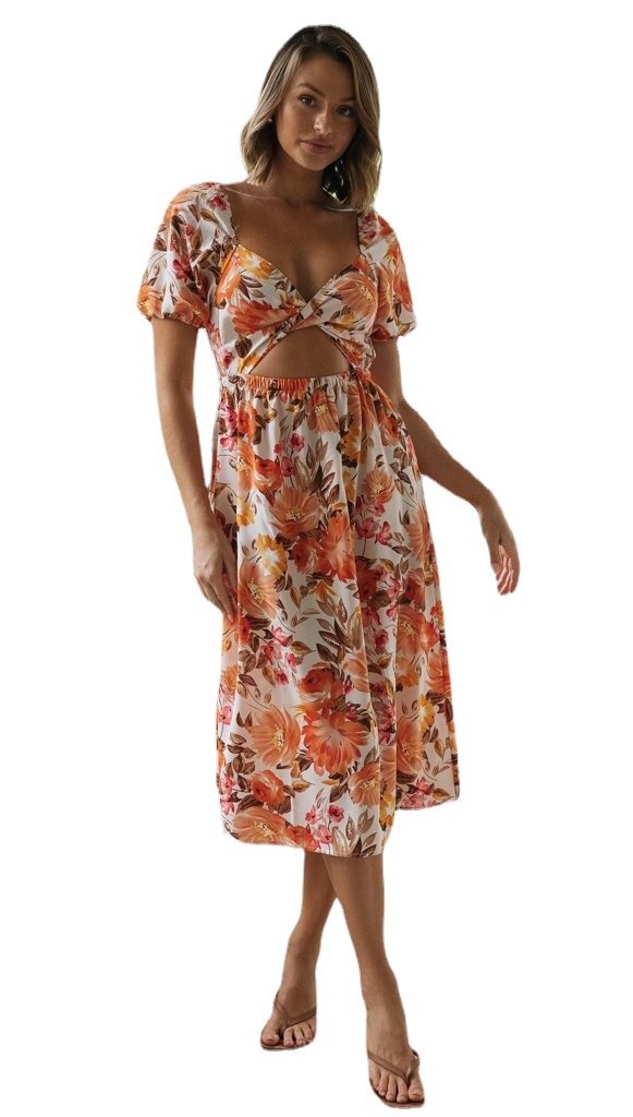 Women Clothing Spring Summer Elegant Sexy V-neck Short Sleeve Backless Print Dress for Women Floral Burst